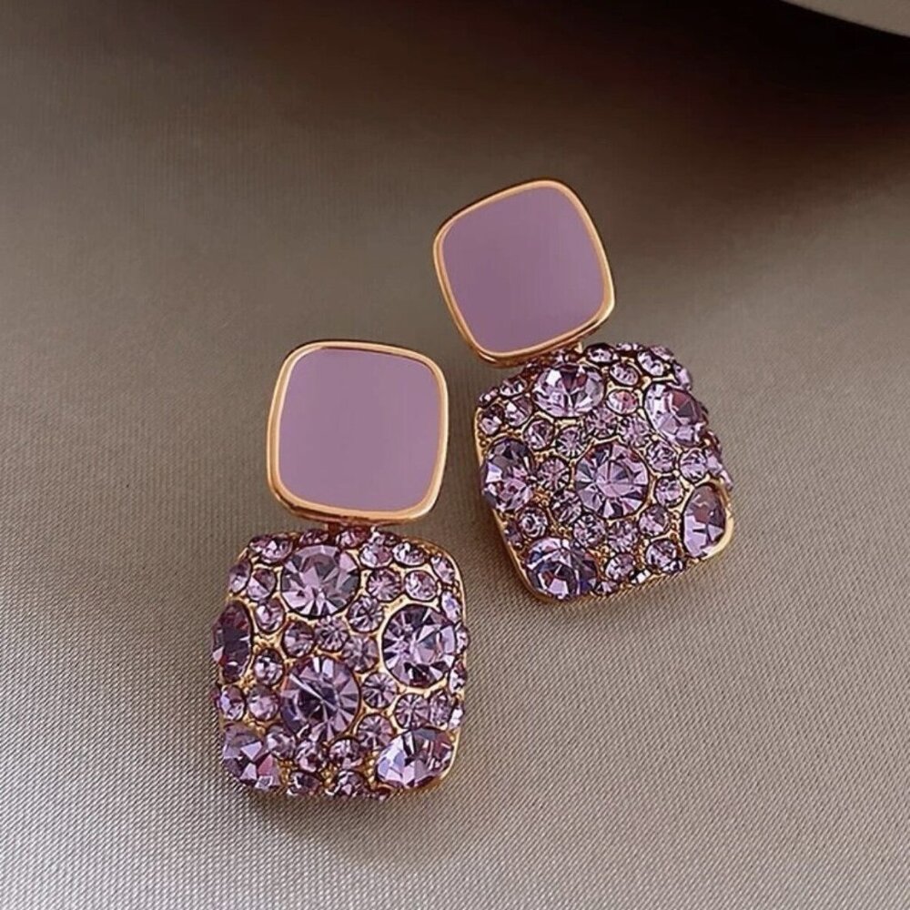 925 Sterling Purple Rhinestone Decor Stud Earrings For women